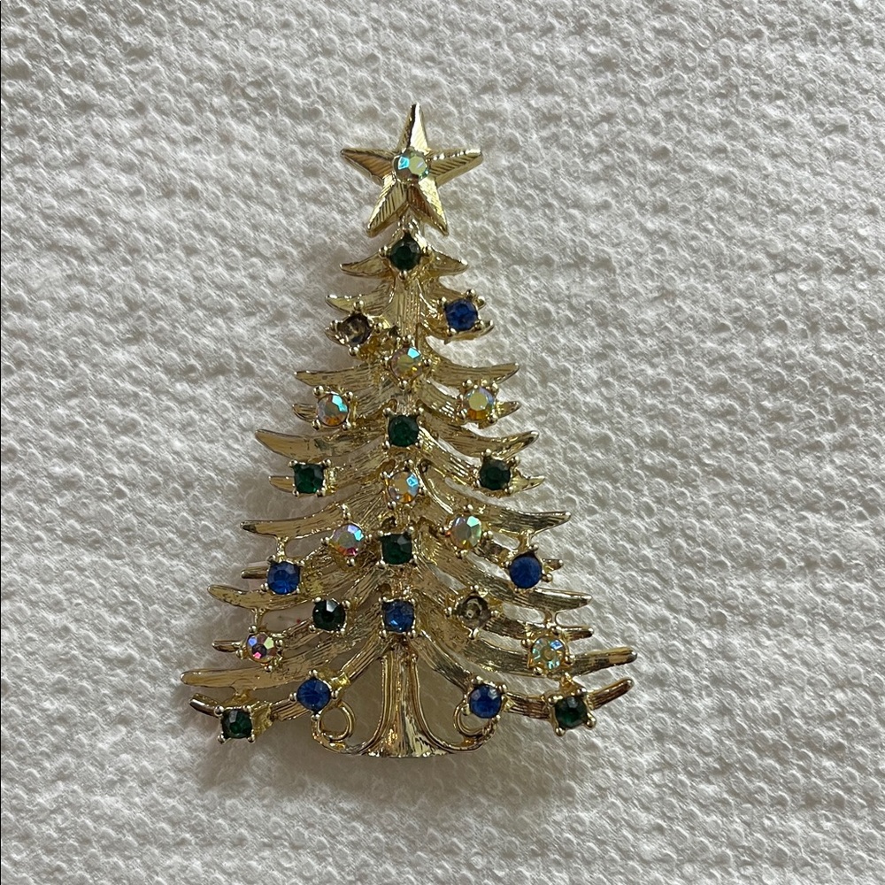 Gold Christmas Tree Brooch with Blue and Green Accents